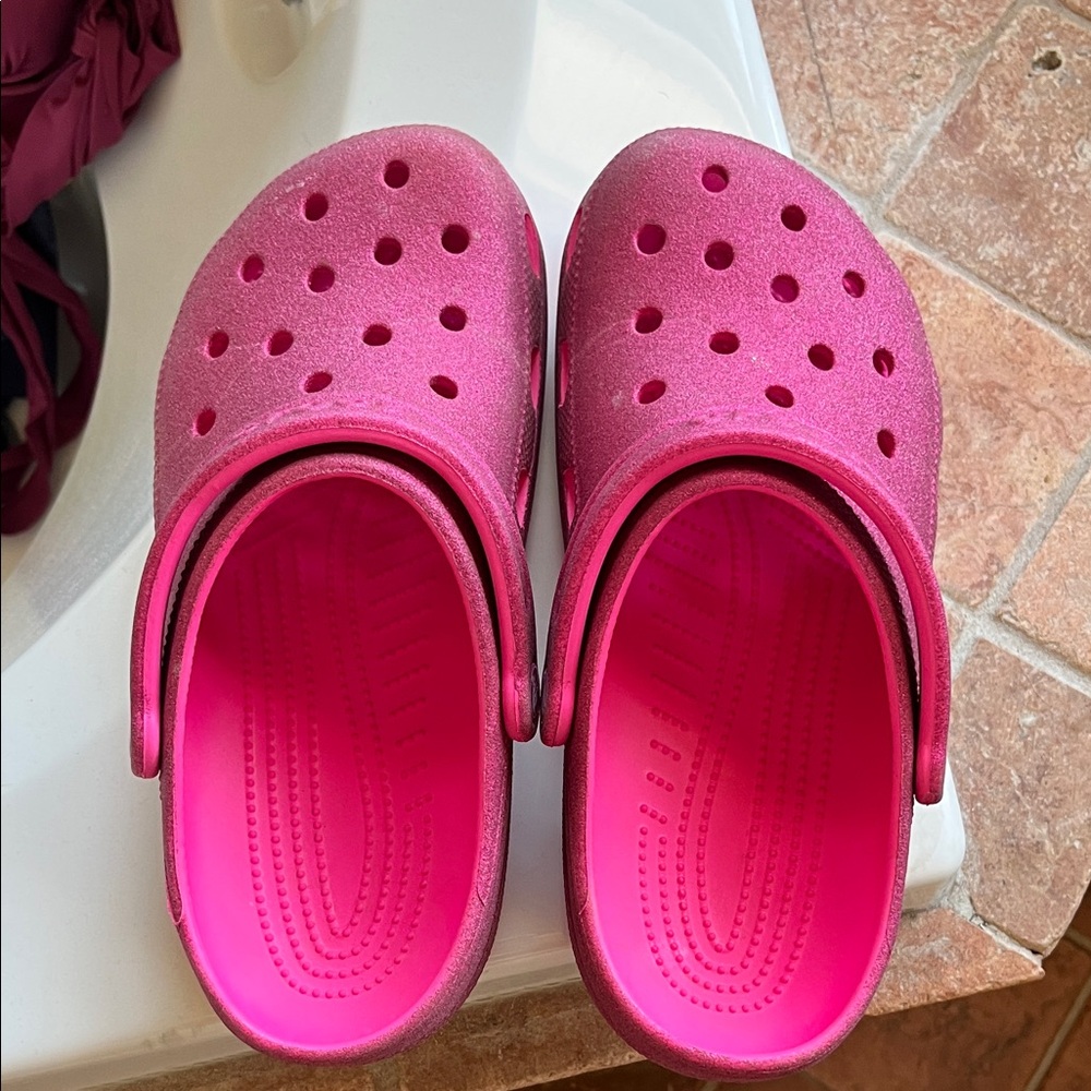 CROCS womens Pink Glitter Clogs - Easy Slip-On Sandals